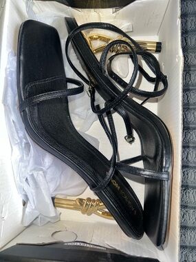 Fashion Nova Black Strappy Heels with Gold Knot Accent